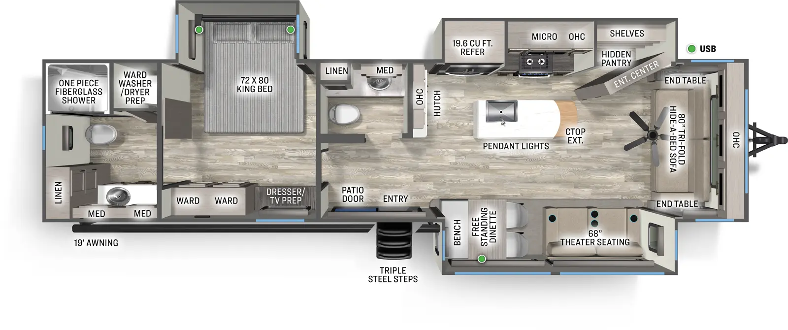 The Sierra Destination 389HBFL floorplan has one entry and three slide outs. Exterior features include: fiberglass exterior and 19' awning. Interiors features include: kitchen island, free-standing dinette option, front living, rear bathroom and bathroom and a half.